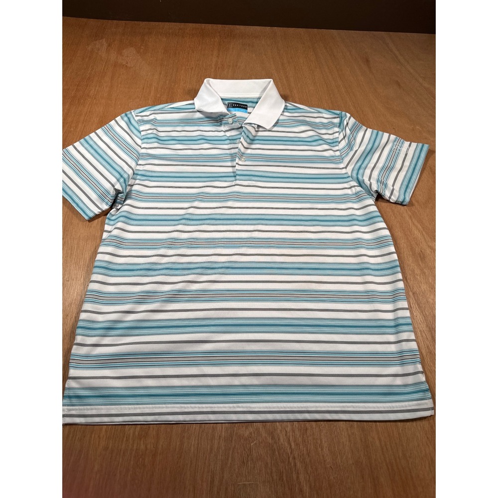 PGA Tour Polo Shirt Men Large White Teal Blue Striped SS Golf Performance